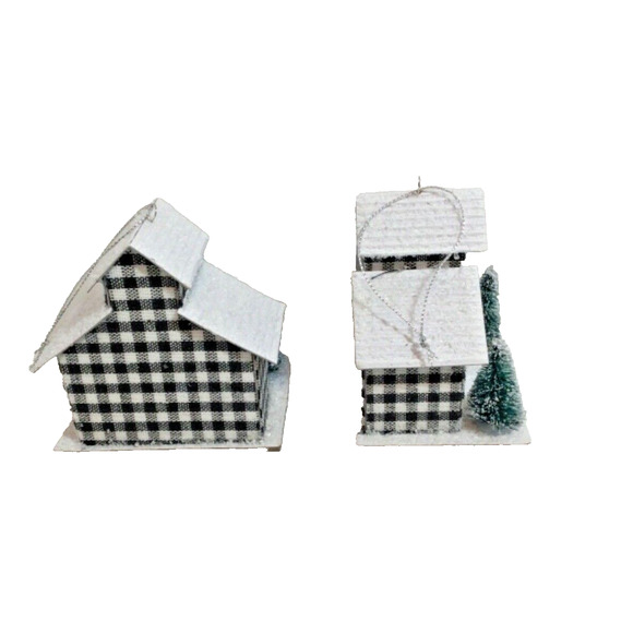 2 Buffalo Plaid Black an White Barn Style Christmas Ornament Fir Trees - Picture 3 of 7